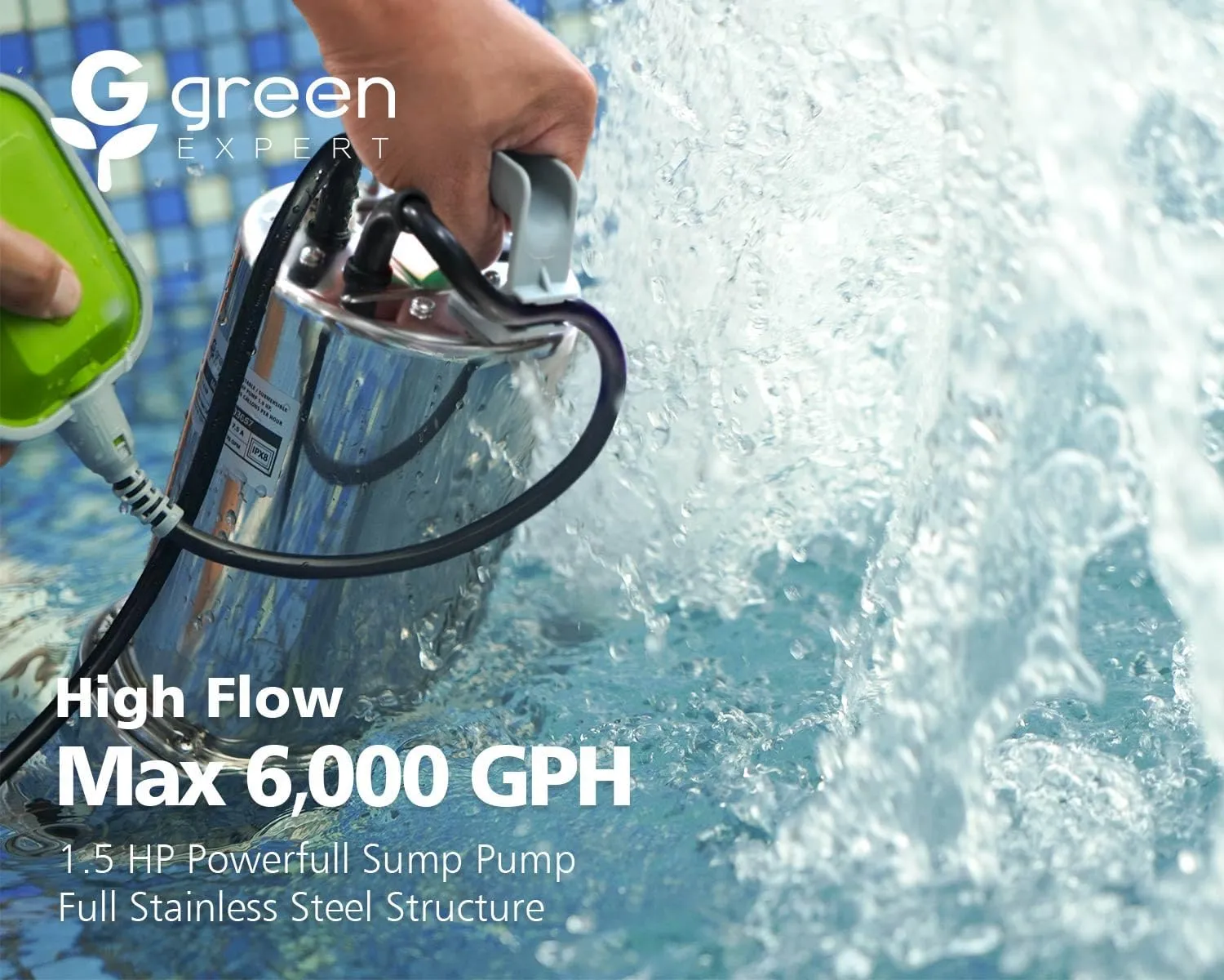 Green Expert 1.5HP Submersible Sump Pump 6000GPH High Flow Full 304 Stainless Steel with tethered Float Switch for Automatically Water Draining in Flooded Basement Pit Sewage Sink Pool Hot Tub