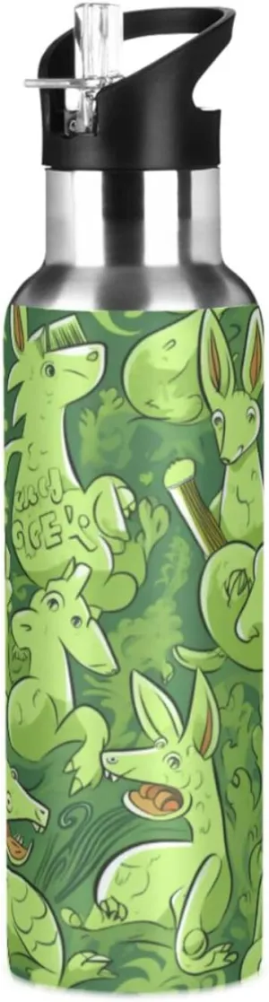 Green Pattern Cartoon Kangaroos_and_firewoo_042a8f57-27b5-4cec-81ef-9e3898b89204 Sport Water Bottle Insulated Stainless Steel Large Vacuum Flask Leak Proof Thermos with Straw for Travel(600ml/1000ml)