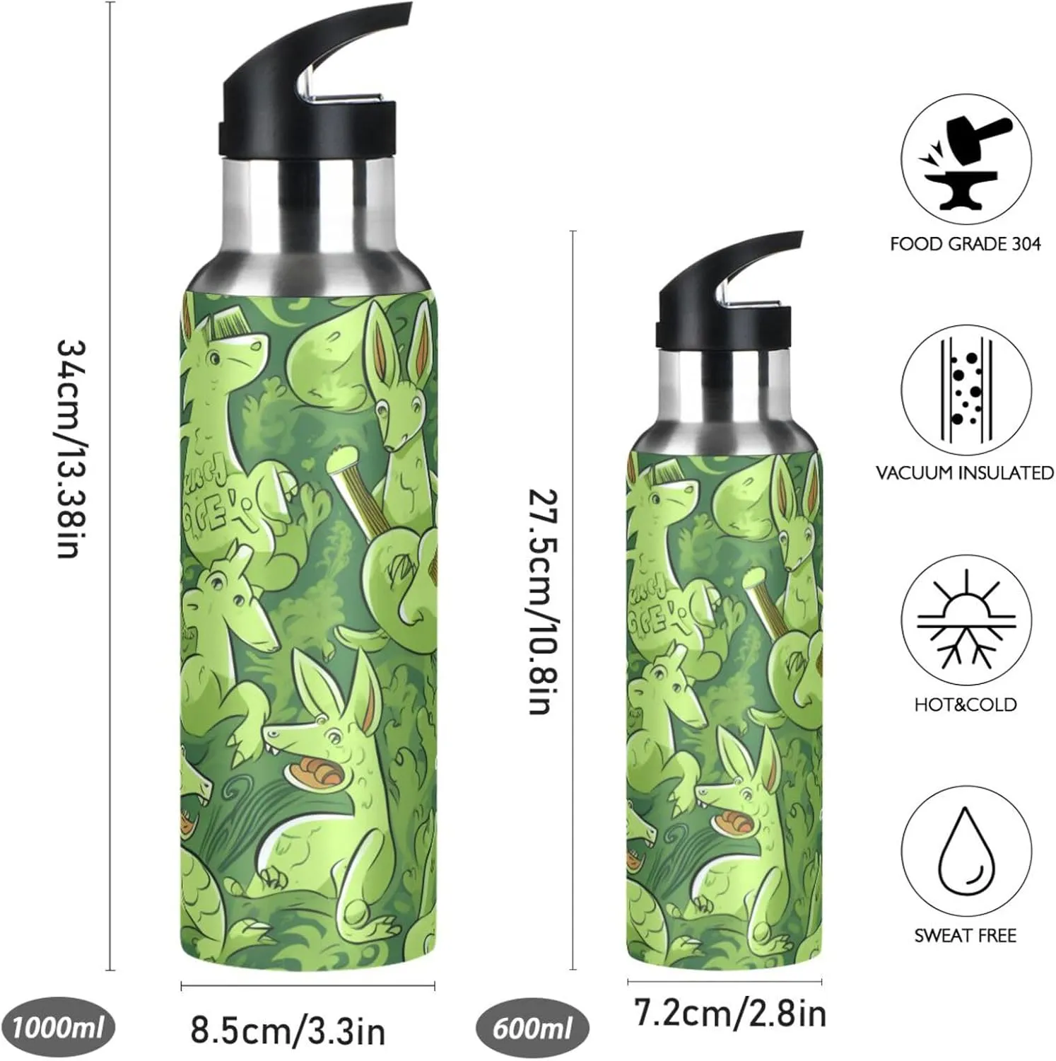 Green Pattern Cartoon Kangaroos_and_firewoo_042a8f57-27b5-4cec-81ef-9e3898b89204 Sport Water Bottle Insulated Stainless Steel Large Vacuum Flask Leak Proof Thermos with Straw for Travel(600ml/1000ml)