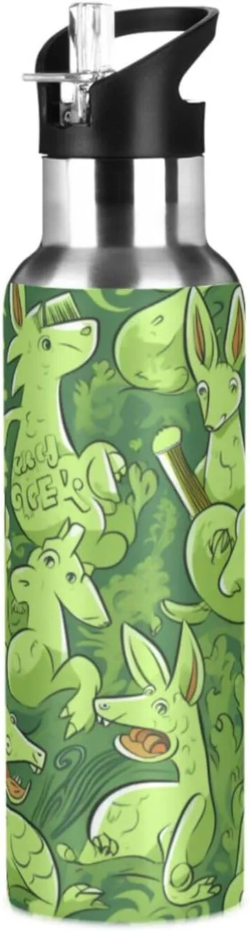 Green Pattern Cartoon Kangaroos_and_firewoo_042a8f57-27b5-4cec-81ef-9e3898b89204 Sport Water Bottle Insulated Stainless Steel Large Vacuum Flask Leak Proof Thermos with Straw for Travel(600ml/1000ml)