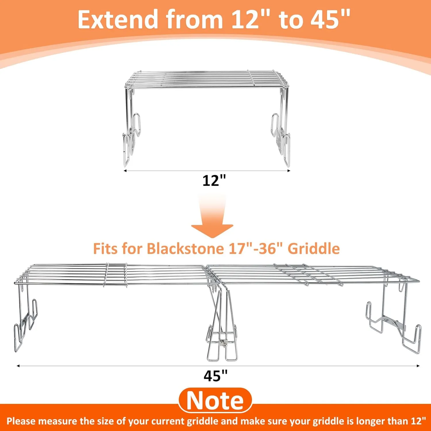 Griddle Warming Rack for Blackstone 17 22 28 36in Flat Top Griddle, Adjustable Universal Stainless Steel Grill Rack for Blackstone Griddle Parts, Griddle Warming Rack for Weber/Camp Chef, 12" to 45" L