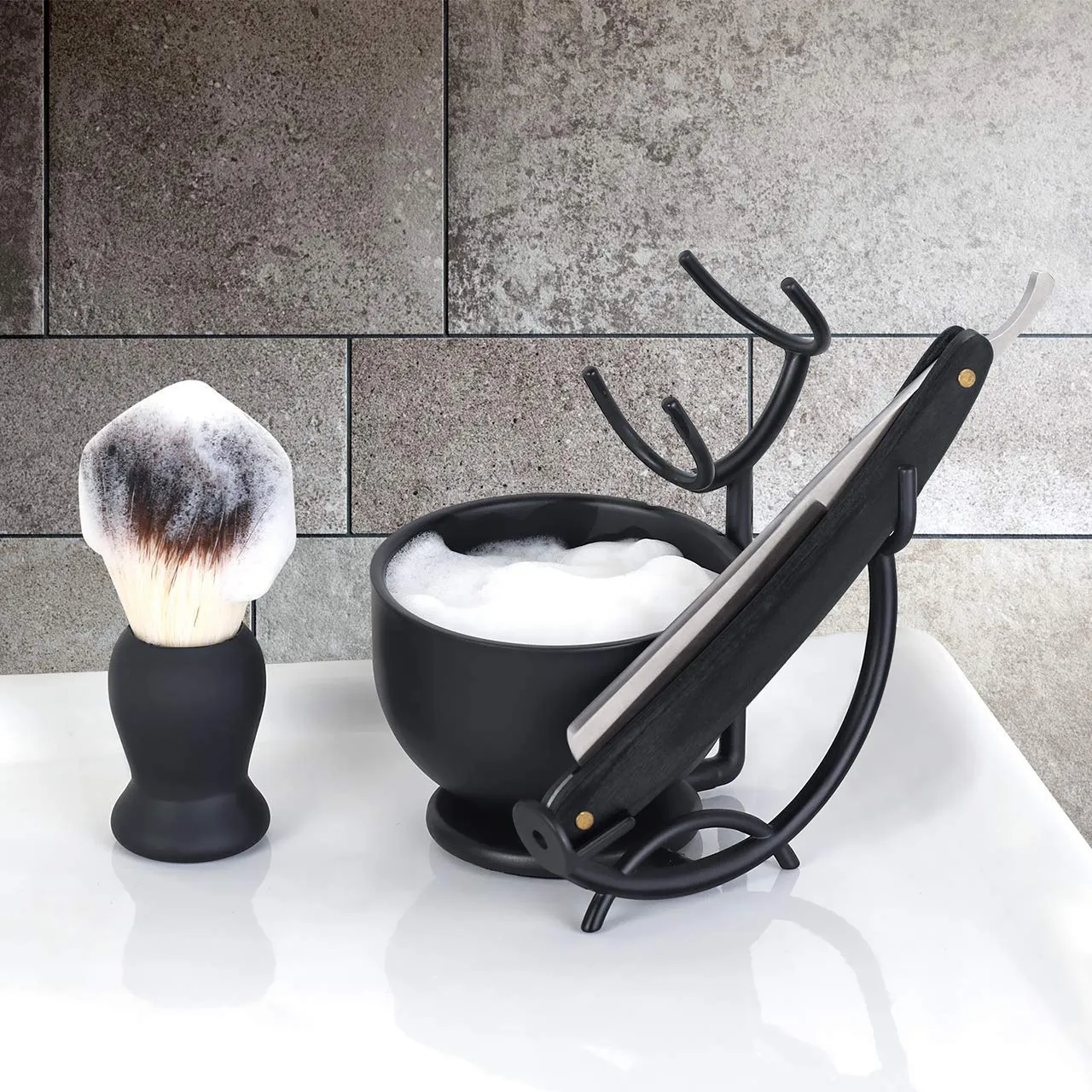 Grooming Shaving Kit for Men,Strong Razor and Brush Stand with Stainless Steel Shaving Soap Bowl,Dad Gifts,boyfriend Gifts,Husband Gifts for Him