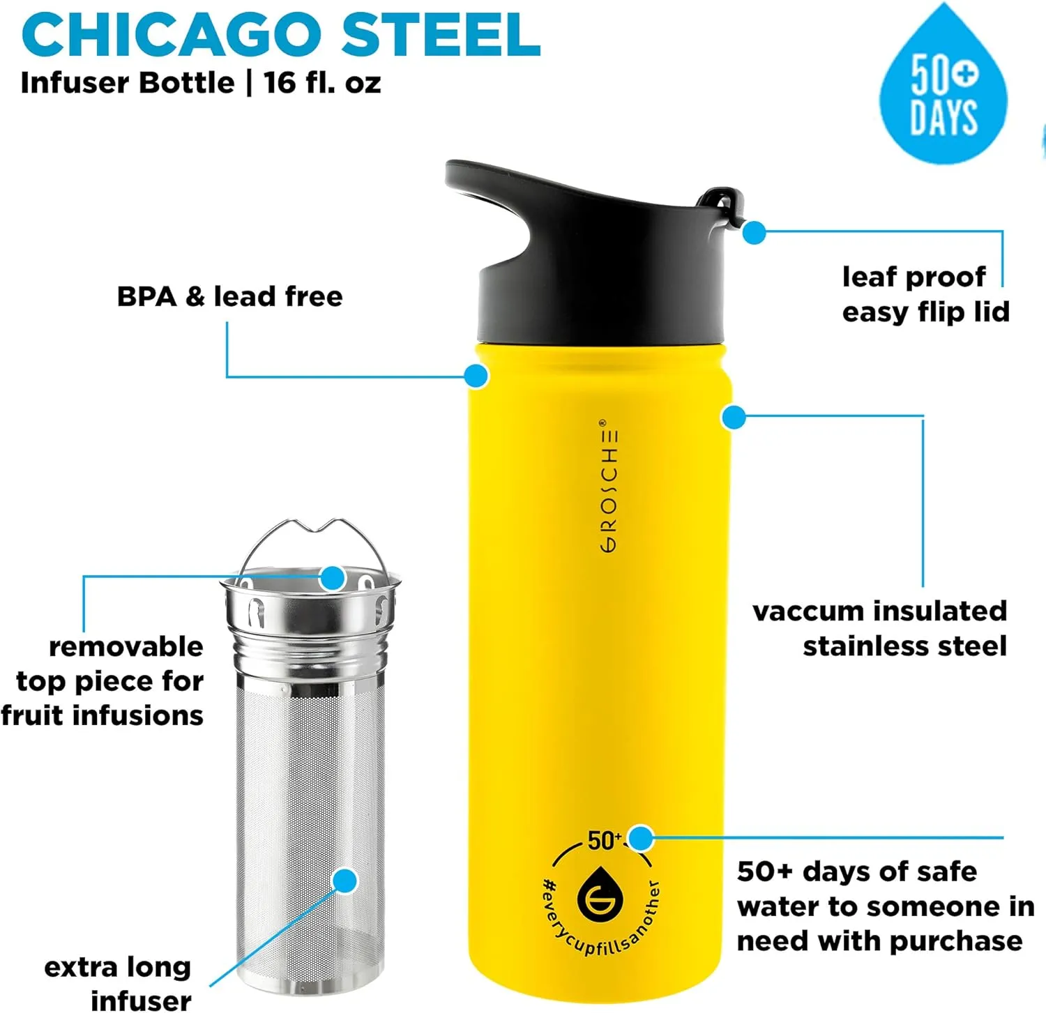 GROSCHE Chicago Stainless Steel Tea Infuser Flask | Beverage Bottle | Hot & Cold Drinks | Loose Leaf Tea Infuser | Travel Convenience Water Bottle | 16 fl oz, Yellow