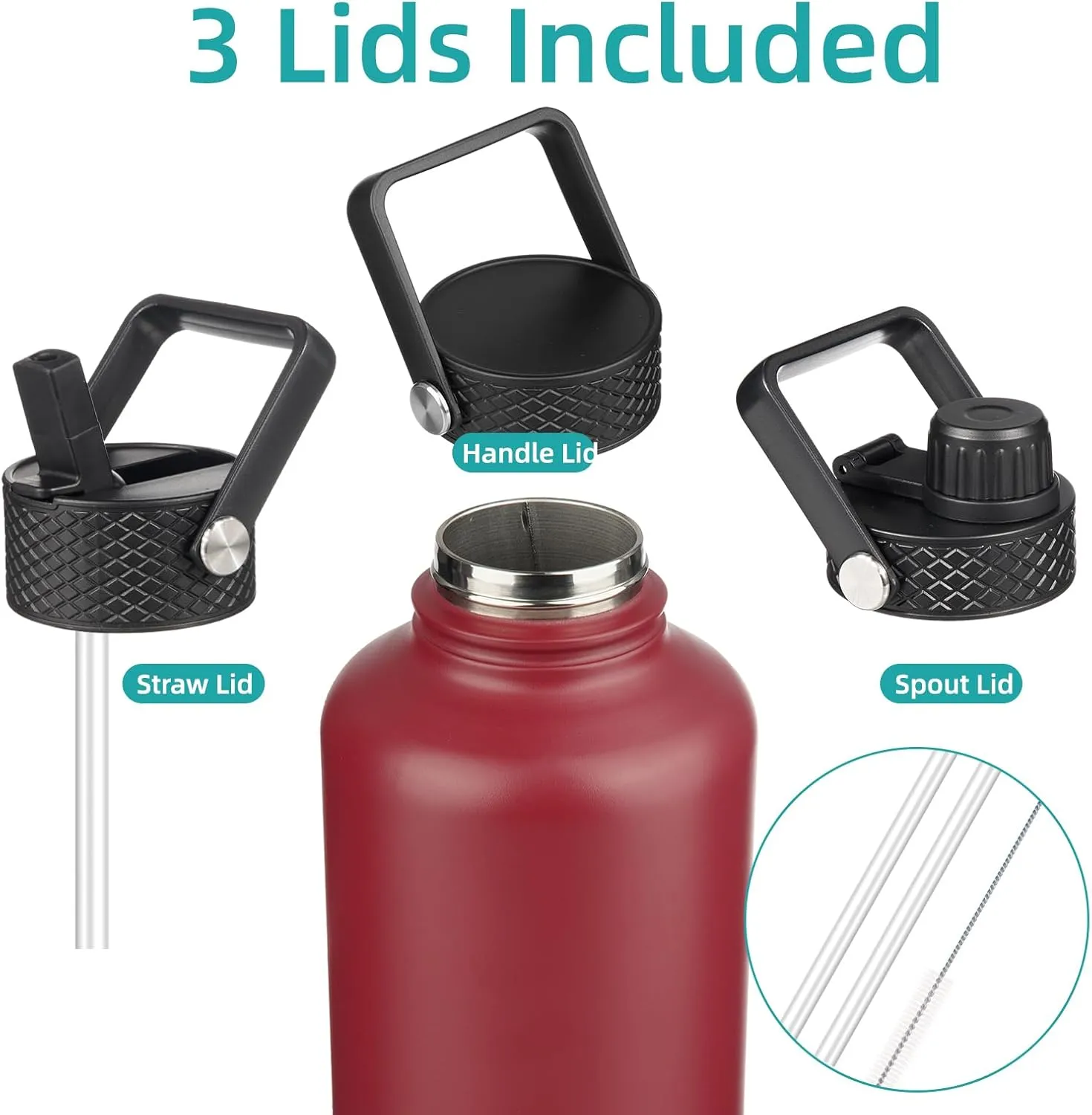 Half Gallon Insulated Water Bottle with Straw,64 oz 3 Lids Water Jug with Carrying Bag,Paracord Handle,Double Wall Vacuum Stainless Steel Metal Flask,Dark Red