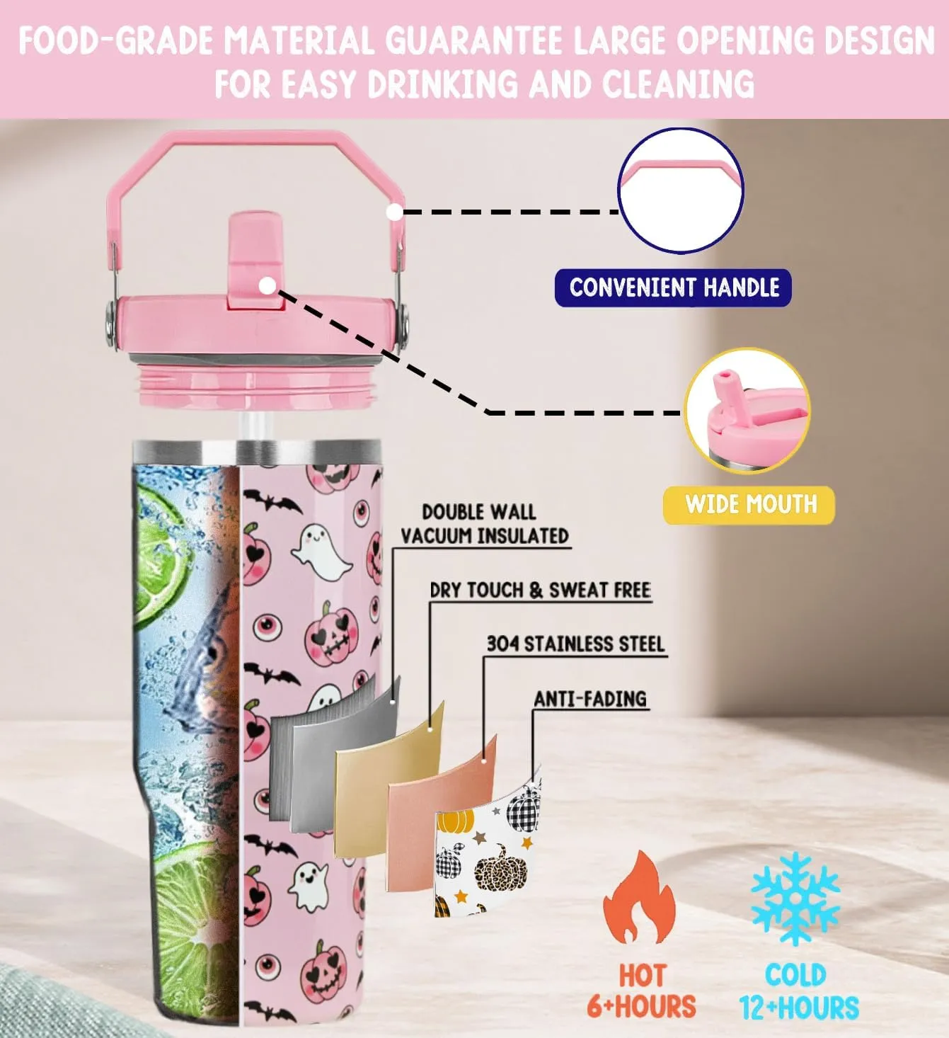 Halloween Tumbler with Handle & Flip Straw Pumpkin Ghost Gifts Bat Coffee Travel Mug Insulated Water Bottle Cup Goth Halloween Decor Gifts-30 OZ(1PCS)