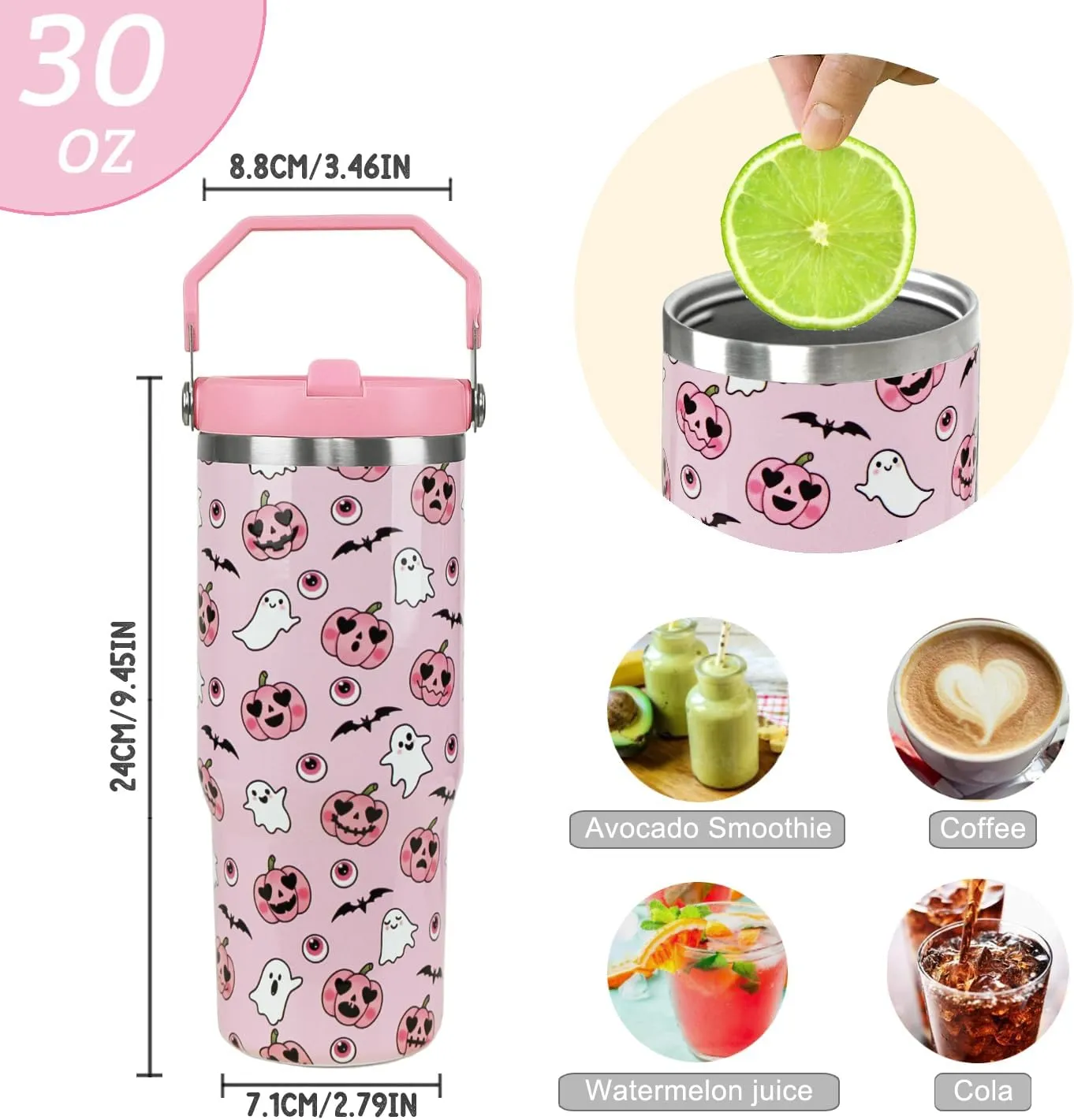 Halloween Tumbler with Handle & Flip Straw Pumpkin Ghost Gifts Bat Coffee Travel Mug Insulated Water Bottle Cup Goth Halloween Decor Gifts-30 OZ(1PCS)