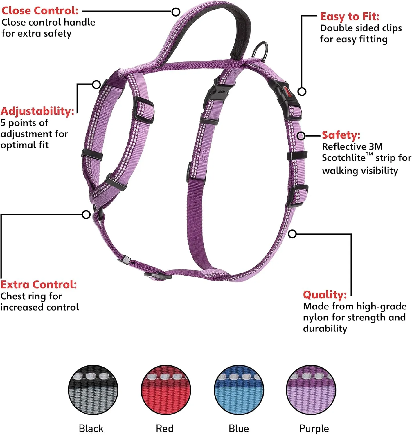 HALTI Walking Harness - Lightweight Dog Harness with Handle, Reflective & Adjustable, Ideal for Puppy Walks, Suitable for Large Dogs and Puppies (Size L, Purple)