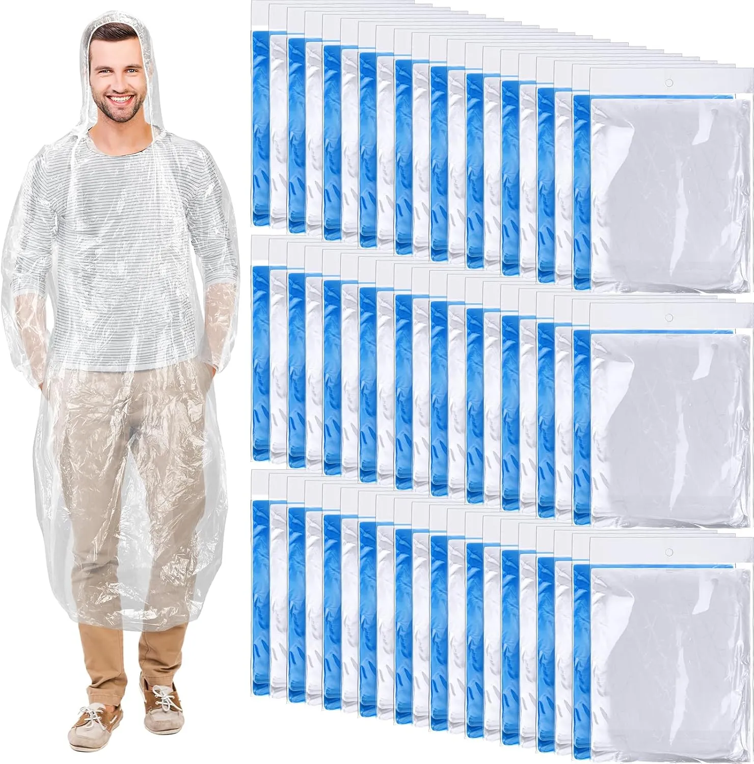 Handepo 100 Pack of Adult Rain Ponchos with Hood Disposable Plastic Rain Ponchos Bulk Emergency Raincoat for Men Women Adult