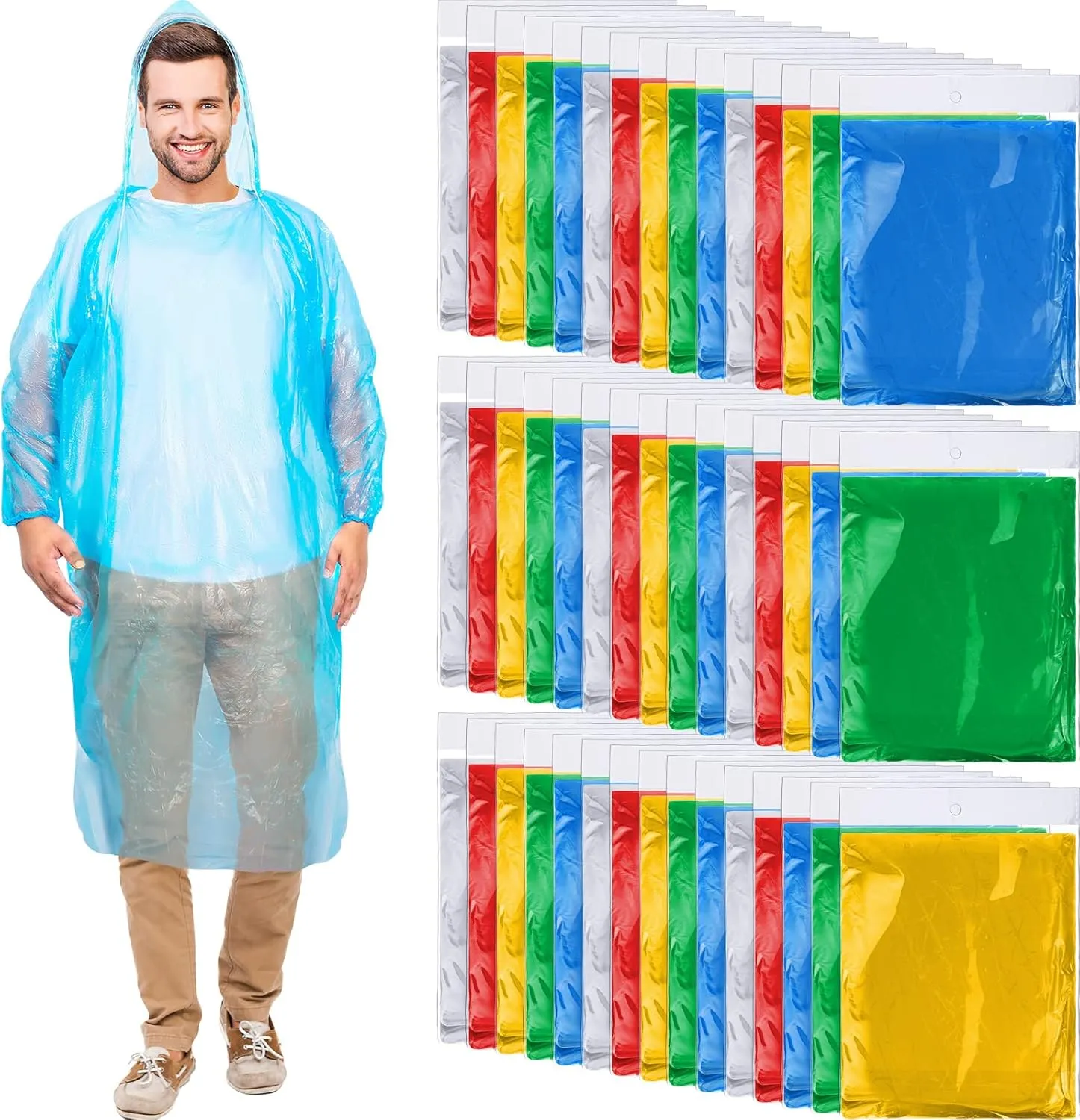 Handepo 100 Pack of Adult Rain Ponchos with Hood Disposable Plastic Rain Ponchos Bulk Emergency Raincoat for Men Women Adult