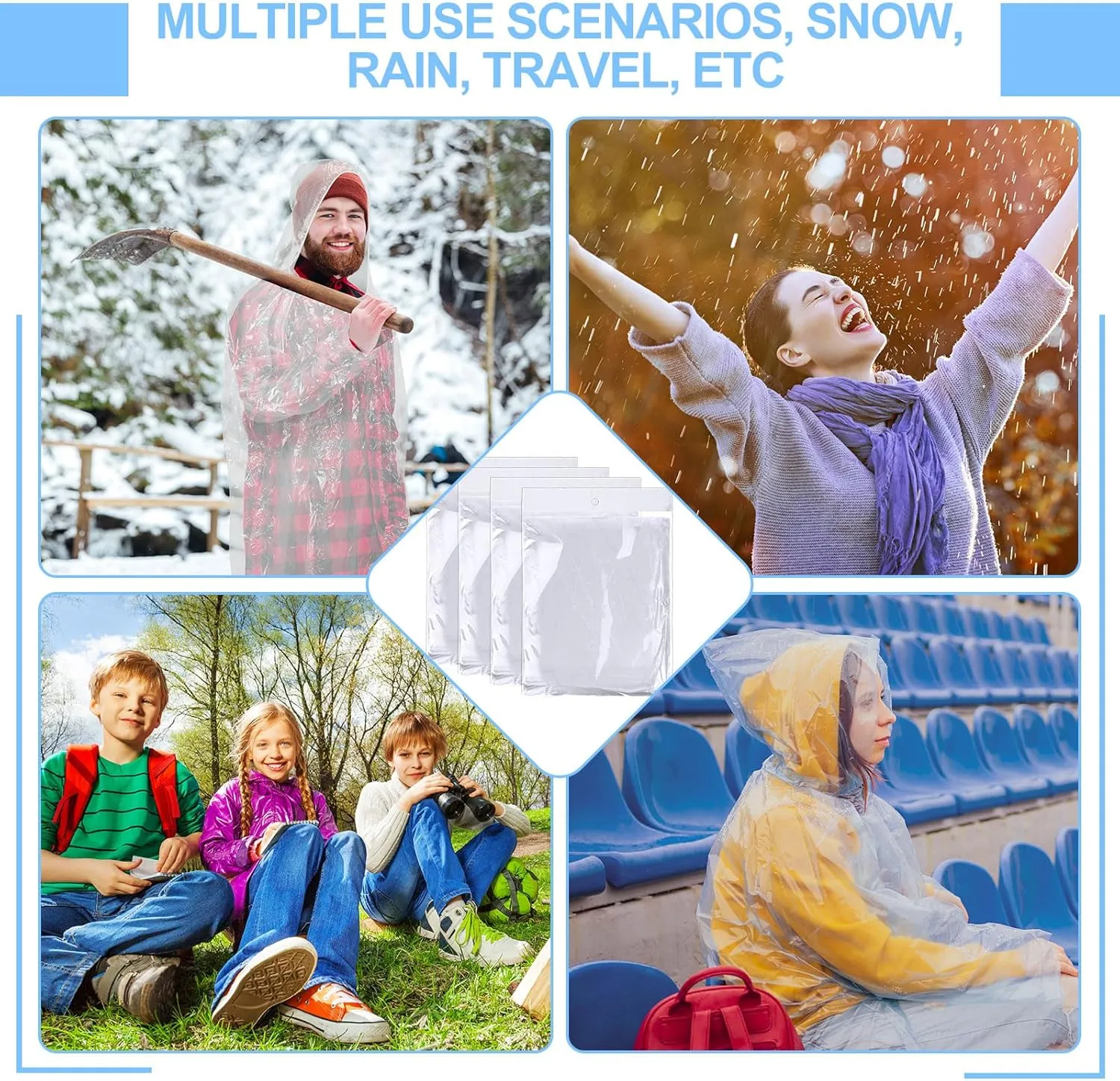 Handepo 100 Pack of Adult Rain Ponchos with Hood Disposable Plastic Rain Ponchos Bulk Emergency Raincoat for Men Women Adult
