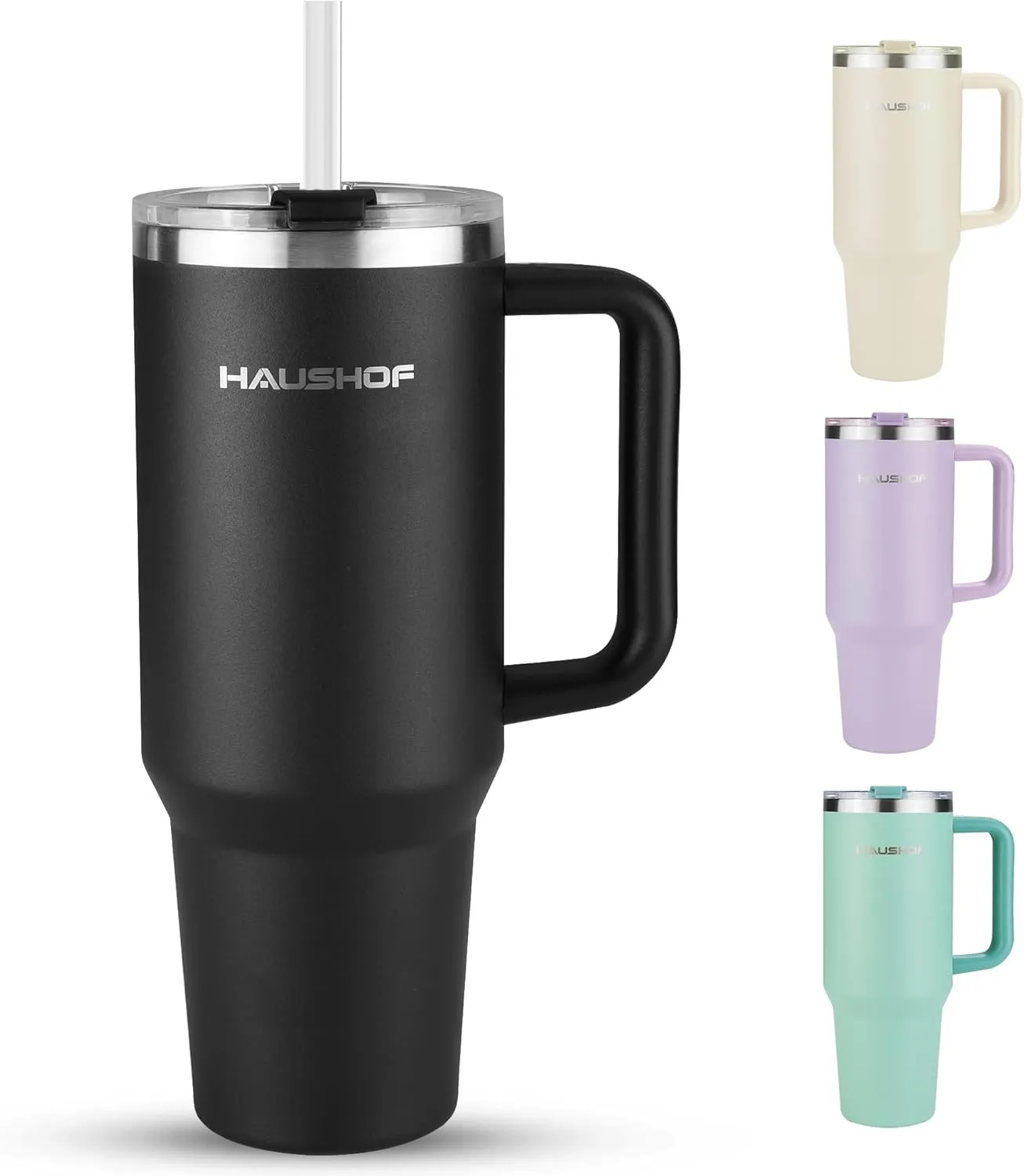 HAUSHOF 40 oz Tumbler with Handle and Straw, Insulated Stainless Steel Coffee Tumbler with Tritan Lid, Double Walled Travel Mug Water Bottle Cup, Large Tumbler for Hot and Cold Drinks