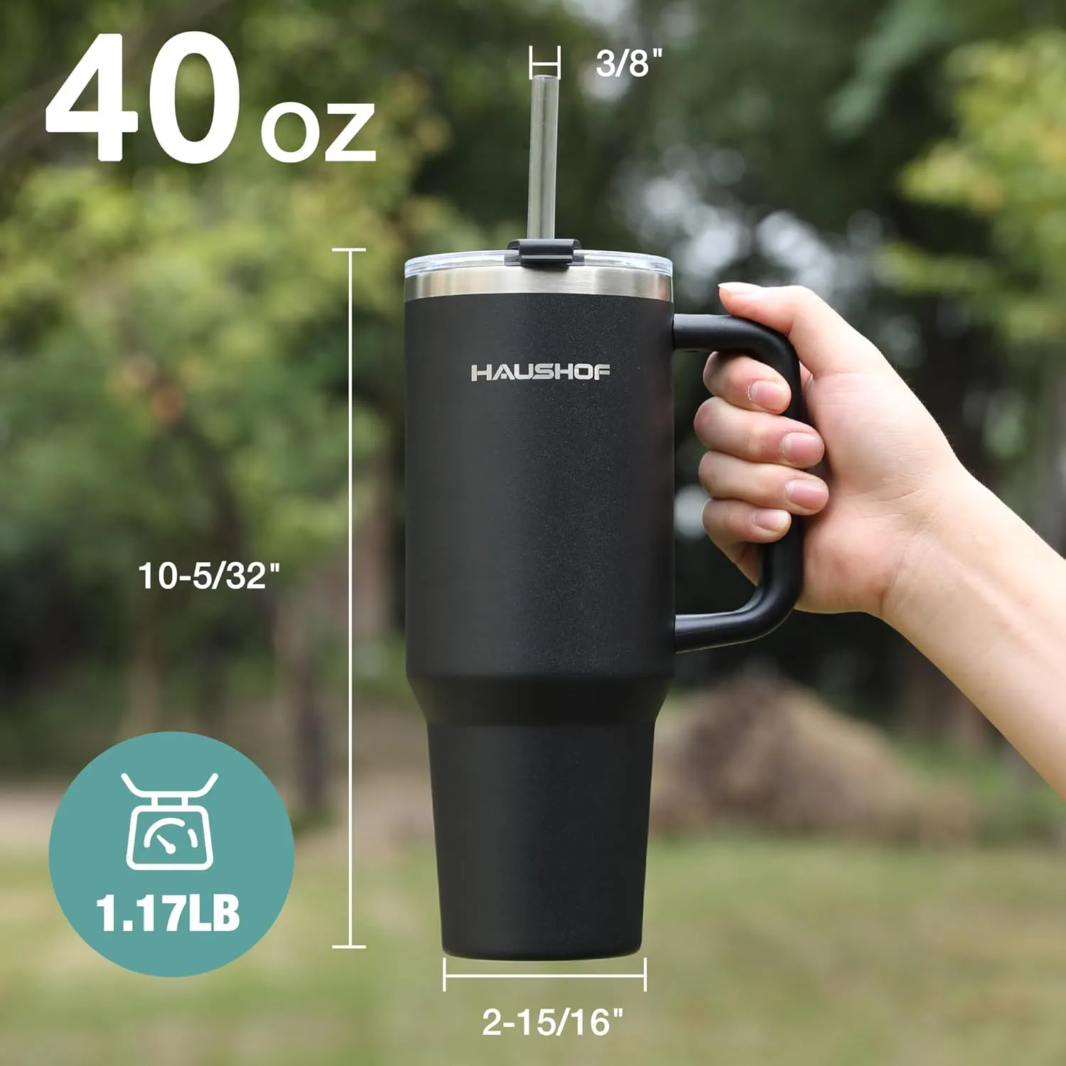 HAUSHOF 40 oz Tumbler with Handle and Straw, Insulated Stainless Steel Coffee Tumbler with Tritan Lid, Double Walled Travel Mug Water Bottle Cup, Large Tumbler for Hot and Cold Drinks