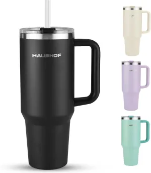 HAUSHOF 40 oz Tumbler with Handle and Straw, Insulated Stainless Steel Coffee Tumbler with Tritan Lid, Double Walled Travel Mug Water Bottle Cup, Large Tumbler for Hot and Cold Drinks