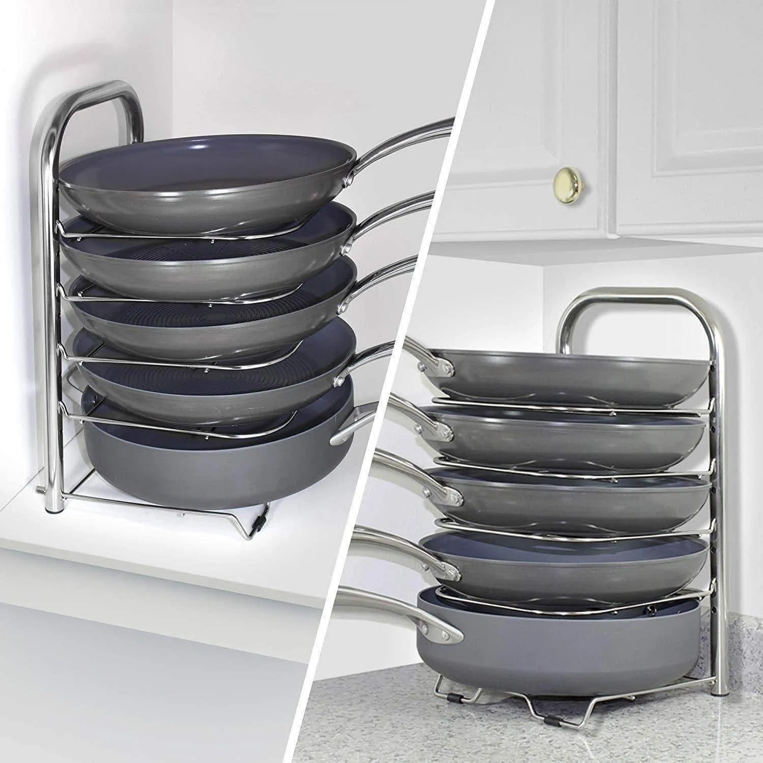 Heavy-Duty Cast Iron Pan and Pot Organizer Rack: 5-Height Adjustable Shelves, Kitchen Skillets Cookware Holder, Stainless Steel (15" Tall)