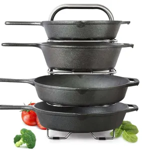 Heavy-Duty Cast Iron Pan and Pot Organizer Rack: 5-Height Adjustable Shelves, Kitchen Skillets Cookware Holder, Stainless Steel (15" Tall)