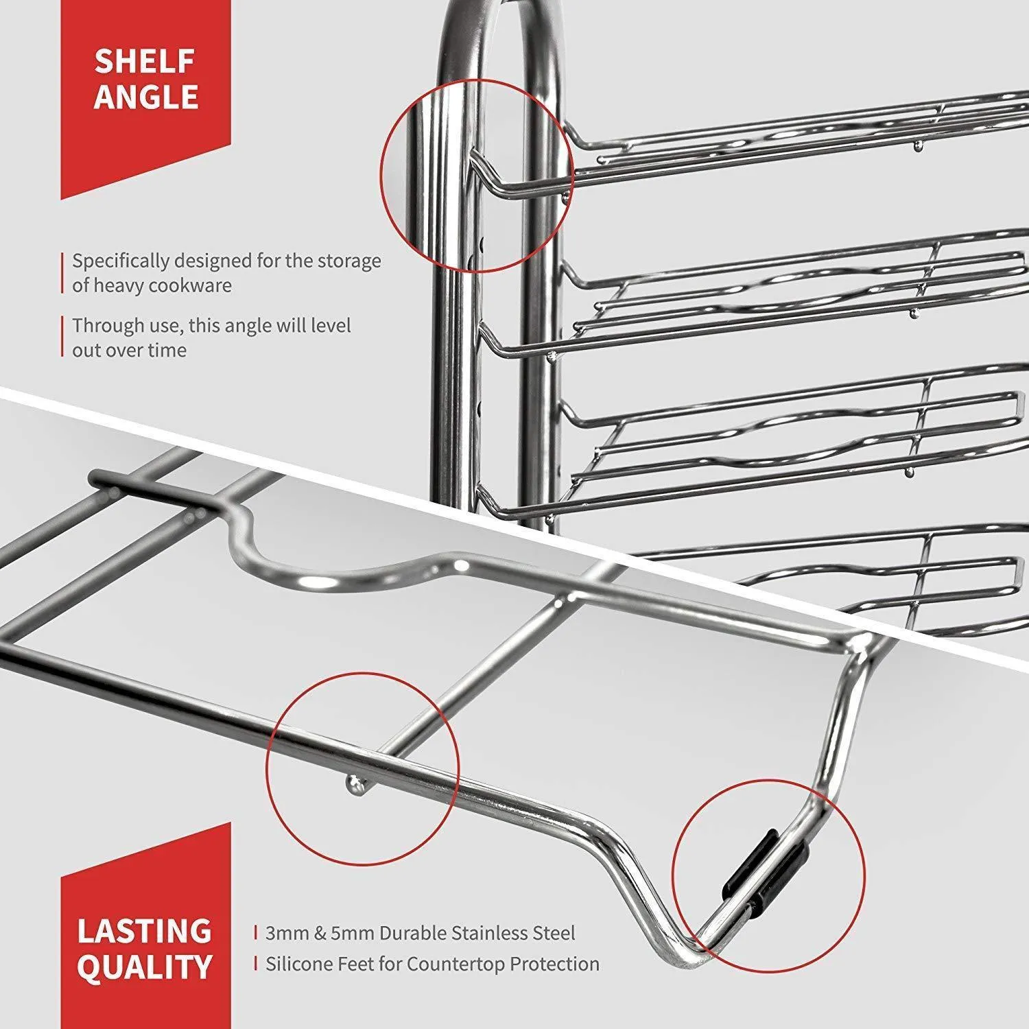 Heavy-Duty Cast Iron Pan and Pot Organizer Rack: 5-Height Adjustable Shelves, Kitchen Skillets Cookware Holder, Stainless Steel (15" Tall)