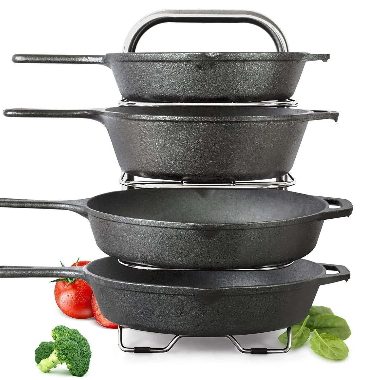 Heavy-Duty Cast Iron Pan and Pot Organizer Rack: 5-Height Adjustable Shelves, Kitchen Skillets Cookware Holder, Stainless Steel (15" Tall)