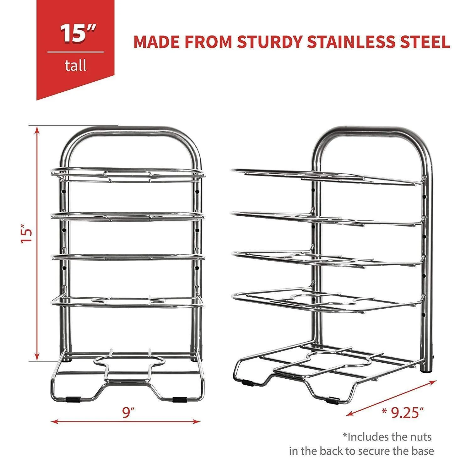 Heavy-Duty Cast Iron Pan and Pot Organizer Rack: 5-Height Adjustable Shelves, Kitchen Skillets Cookware Holder, Stainless Steel (15" Tall)