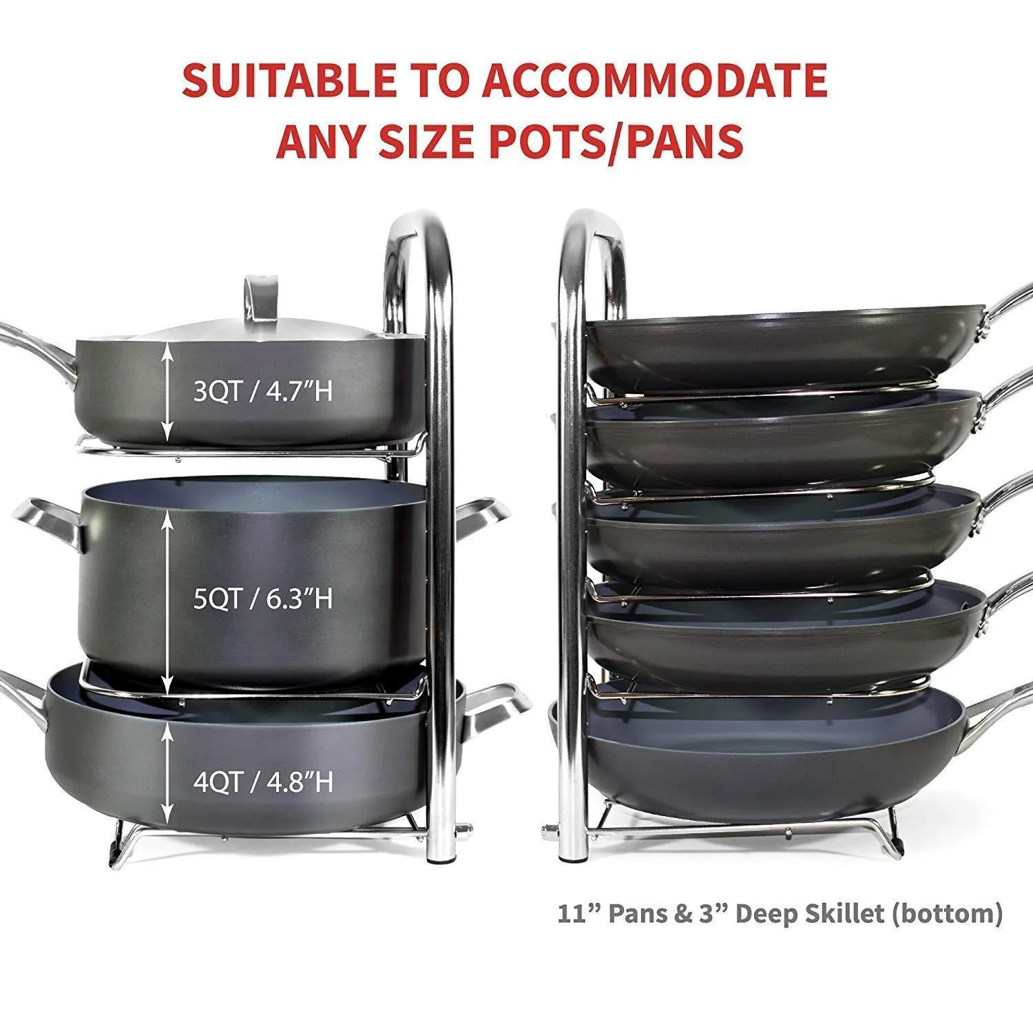 Heavy-Duty Cast Iron Pan and Pot Organizer Rack: 5-Height Adjustable Shelves, Kitchen Skillets Cookware Holder, Stainless Steel (15" Tall)