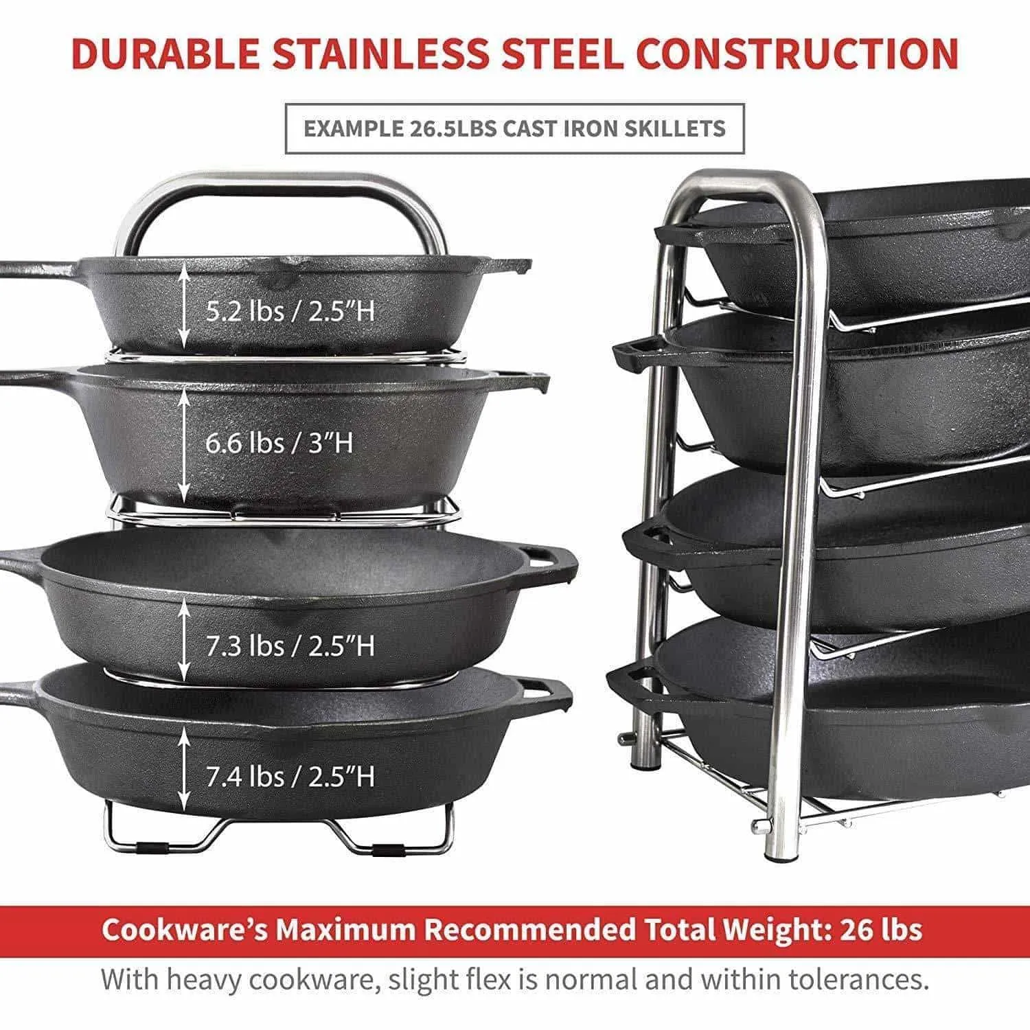 Heavy-Duty Cast Iron Pan and Pot Organizer Rack: 5-Height Adjustable Shelves, Kitchen Skillets Cookware Holder, Stainless Steel (15" Tall)