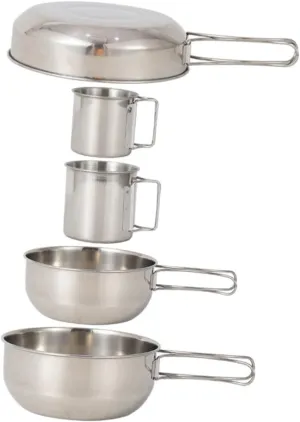 HEMOTON 5pc Camping Cookware Set Stainless Steel Pot Pan Cup Set for Hiking Picnic BBQ