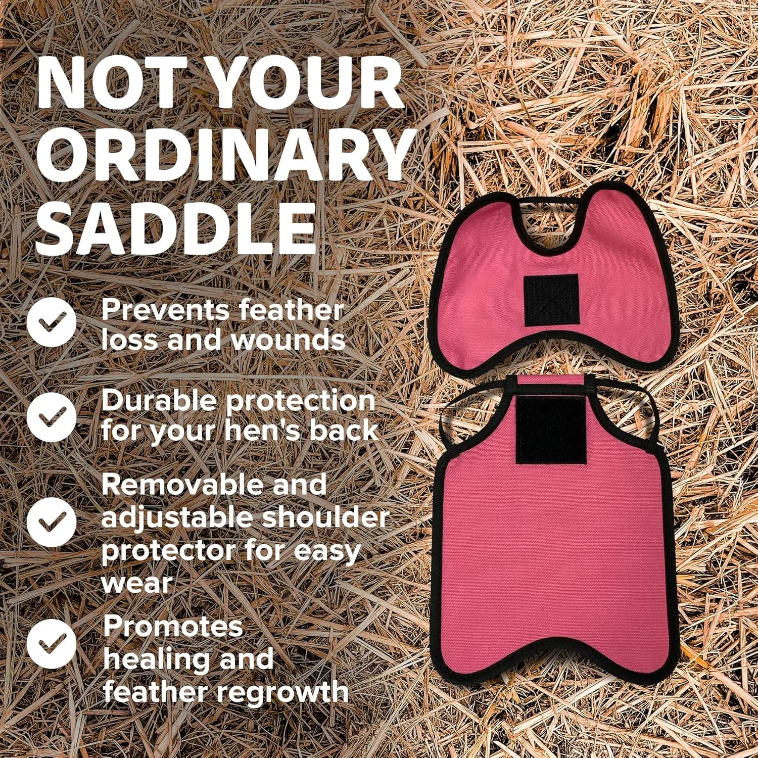 Hen Apron/Saddle, One Strap w/Removable Shoulder Protector – Durable Premium Protection, Hand-Sewn, 100% Cotton, 3 Layers Thick, Protection for Feather Loss & Injuries - Pink, Large