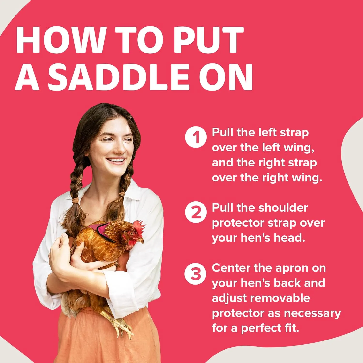 Hen Apron/Saddle, One Strap w/Removable Shoulder Protector – Durable Premium Protection, Hand-Sewn, 100% Cotton, 3 Layers Thick, Protection for Feather Loss & Injuries - Pink, Large