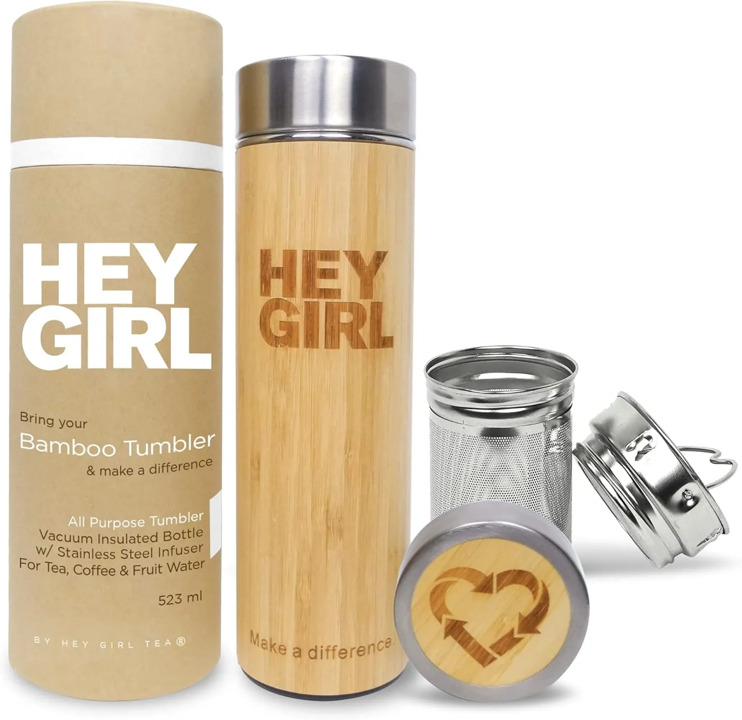 Hey Girl Bamboo Tea Infuser Bottle with Tea Strainer - Insulated Stainless Steel Water Bottle for Loose Leaf Tea & Coffee - Tea Tumbler with Diffuser - Loose Tea Bottle or Thermos Travel Mug - 18 oz