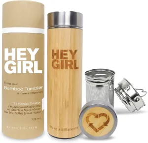 Hey Girl Bamboo Tea Infuser Bottle with Tea Strainer - Insulated Stainless Steel Water Bottle for Loose Leaf Tea & Coffee - Tea Tumbler with Diffuser - Loose Tea Bottle or Thermos Travel Mug - 18 oz