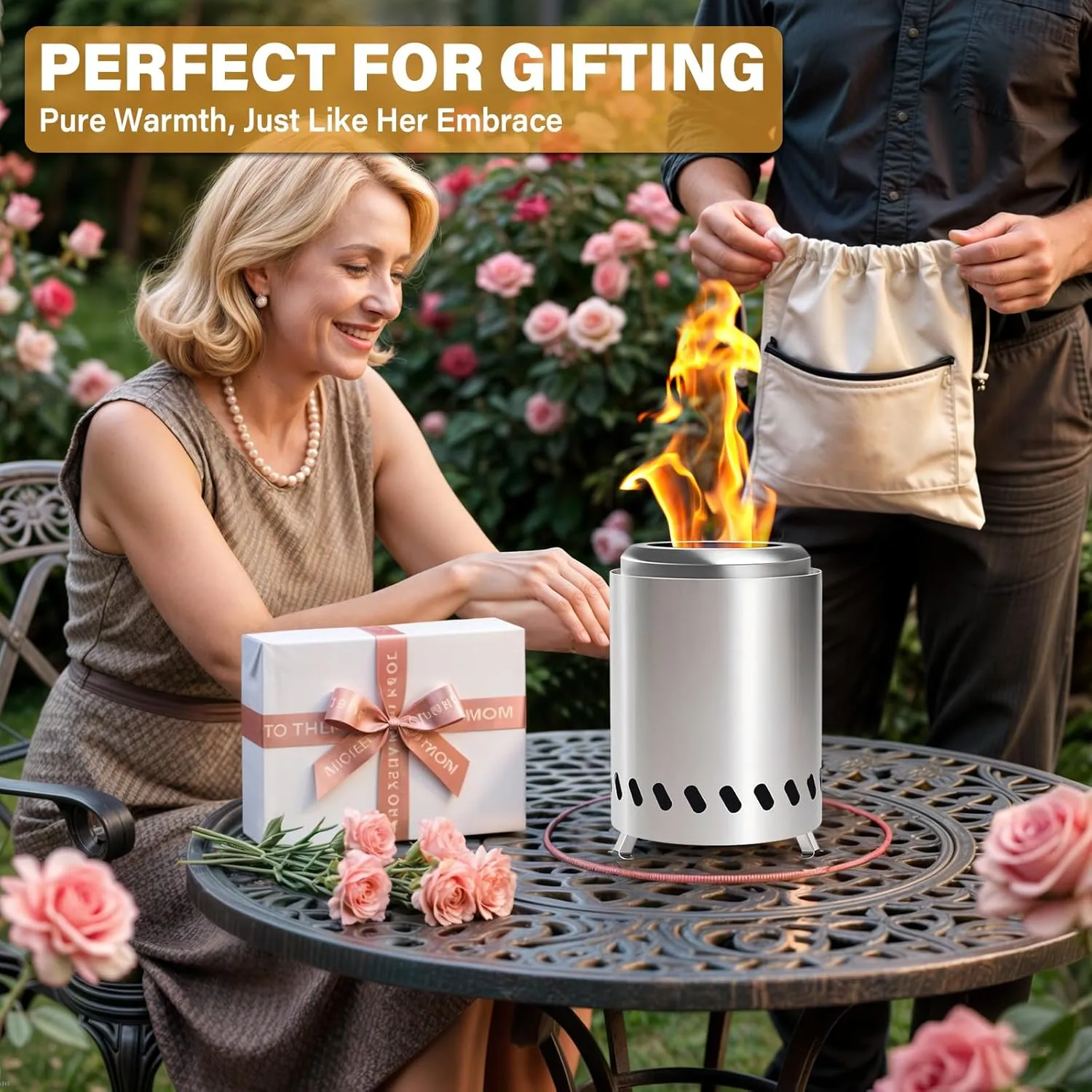 HGD Tabletop Fire Pit, Smokeless Firepit Outdoor, Mini Fire Pit for with Carry Bag for Camping Backyard Patio Garden Picnic,Silver
