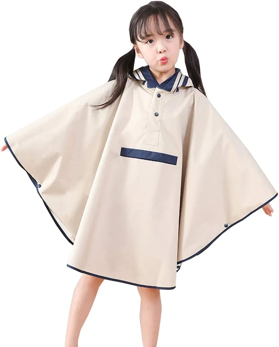 Hiheart Girls Waterproof Rain Poncho Hooded Packable Raincoat