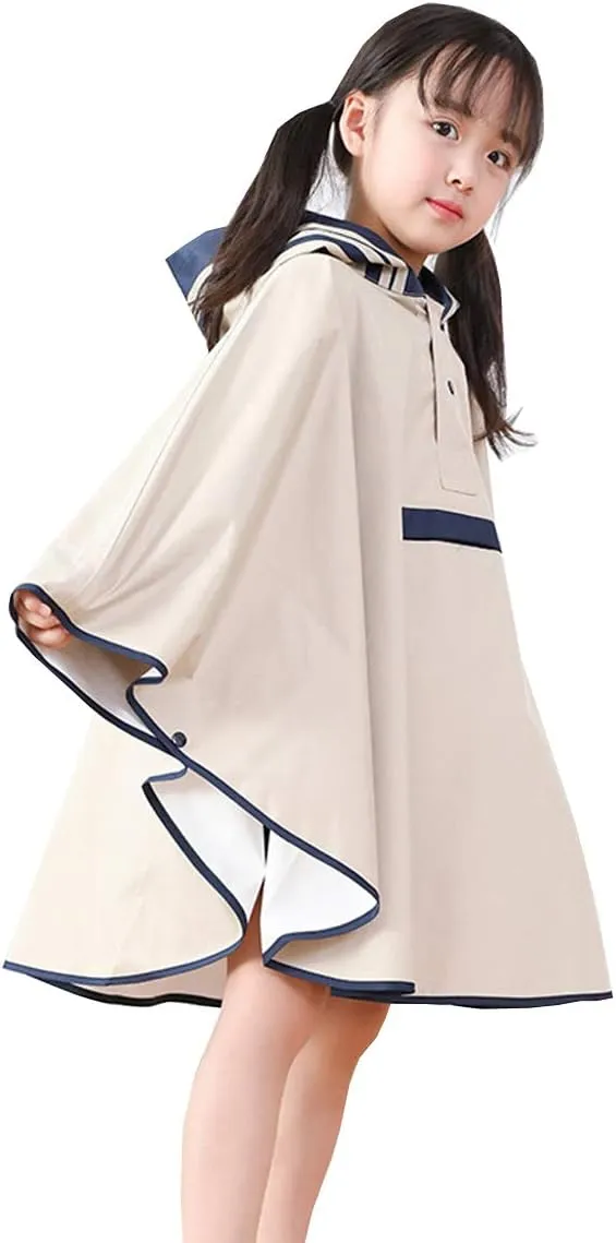 Hiheart Girls Waterproof Rain Poncho Hooded Packable Raincoat
