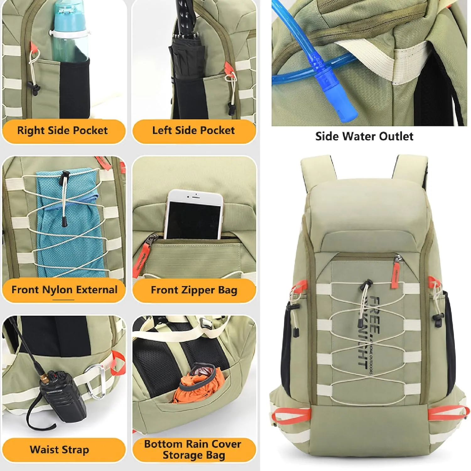 Hiking Backpack Waterproof Lightweight Casual Daypack with Rain Cover, Outdoor Sport Travel Camping Bag,Bean green,40L