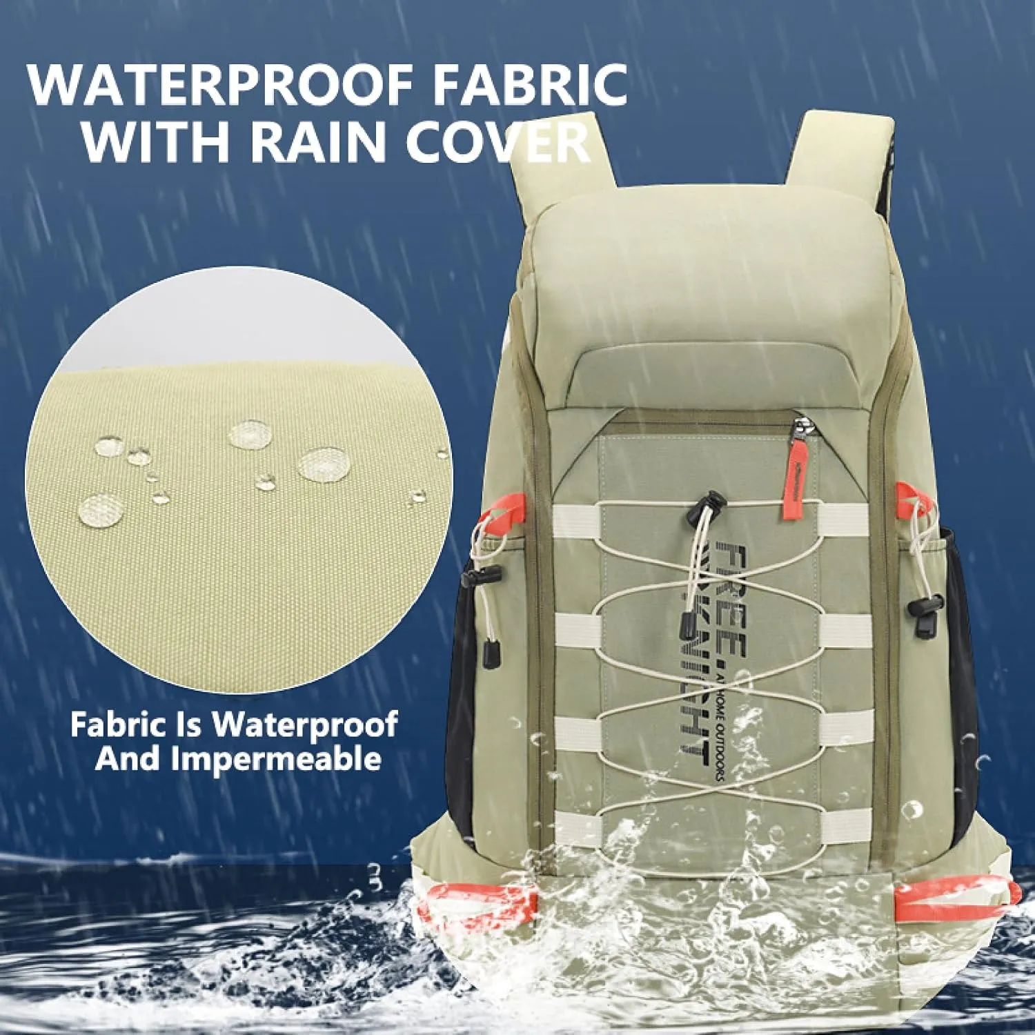 Hiking Backpack Waterproof Lightweight Casual Daypack with Rain Cover, Outdoor Sport Travel Camping Bag,Bean green,40L