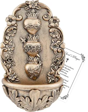 Holy Water Font for Home Catholic Decor - Bronze Finish Sacred Heart Holy Water Holder for Wall, Lord's Prayer Card - Holy Water Font for Wall, Altar, Home - Fuente De Agua Bendita - 2 Items Set