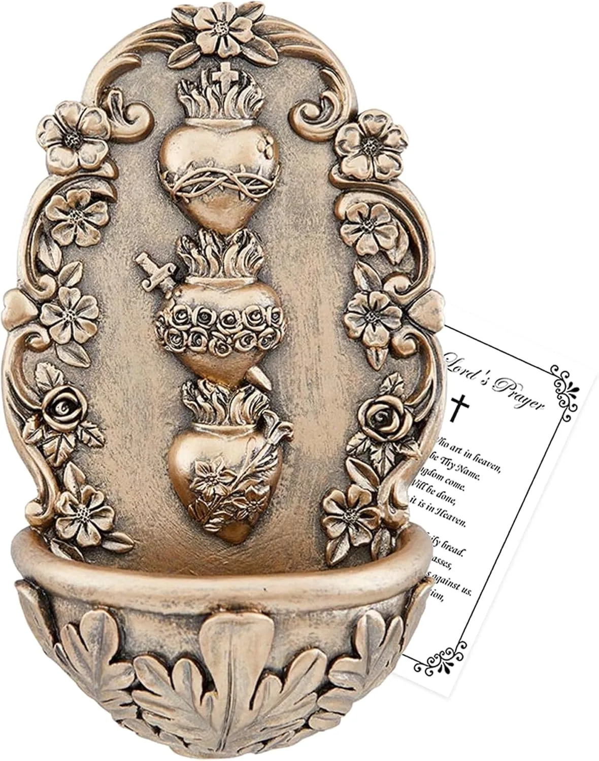 Holy Water Font for Home Catholic Decor - Bronze Finish Sacred Heart Holy Water Holder for Wall, Lord's Prayer Card - Holy Water Font for Wall, Altar, Home - Fuente De Agua Bendita - 2 Items Set