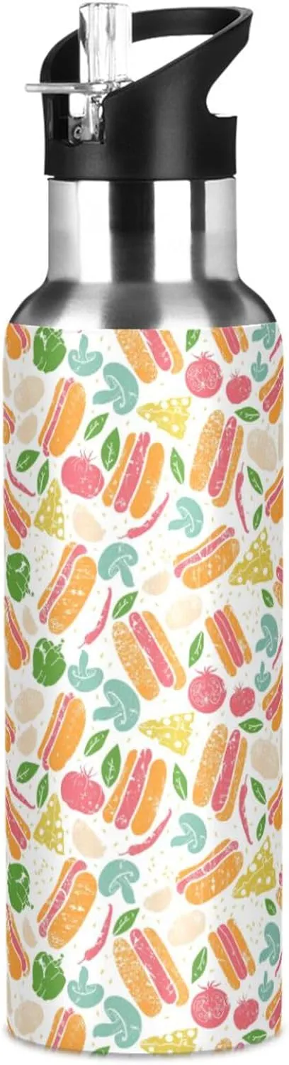 Hot Dogs Water Bottle with Straw Lid Double Wall Vegetables Thermos Bottle Vacuum Insulated Flask Stainless Steel Water Bottle for Gym Outdoor 20 OZ
