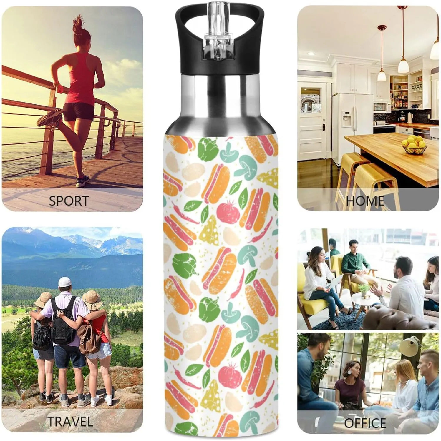 Hot Dogs Water Bottle with Straw Lid Double Wall Vegetables Thermos Bottle Vacuum Insulated Flask Stainless Steel Water Bottle for Gym Outdoor 20 OZ