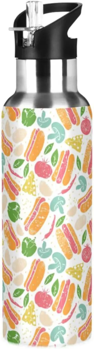 Hot Dogs Water Bottle with Straw Lid Double Wall Vegetables Thermos Bottle Vacuum Insulated Flask Stainless Steel Water Bottle for Gym Outdoor 20 OZ