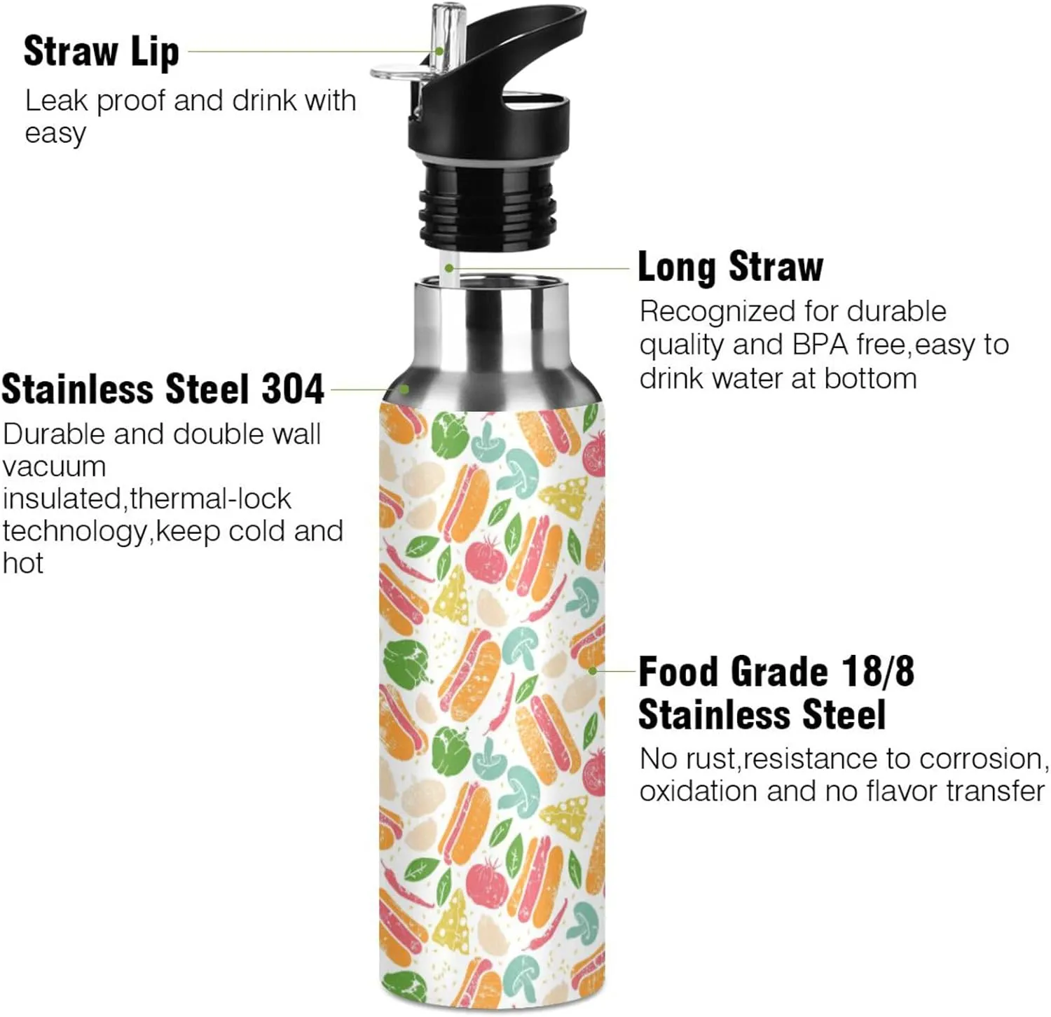 Hot Dogs Water Bottle with Straw Lid Double Wall Vegetables Thermos Bottle Vacuum Insulated Flask Stainless Steel Water Bottle for Gym Outdoor 20 OZ