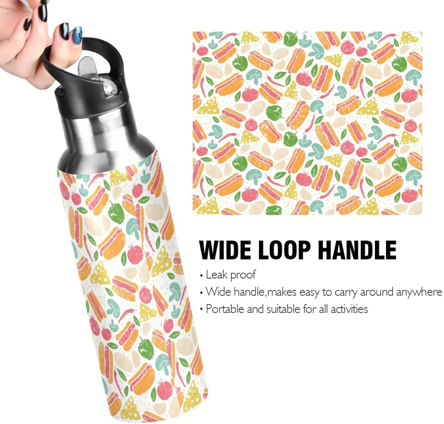 Hot Dogs Water Bottle with Straw Lid Double Wall Vegetables Thermos Bottle Vacuum Insulated Flask Stainless Steel Water Bottle for Gym Outdoor 20 OZ