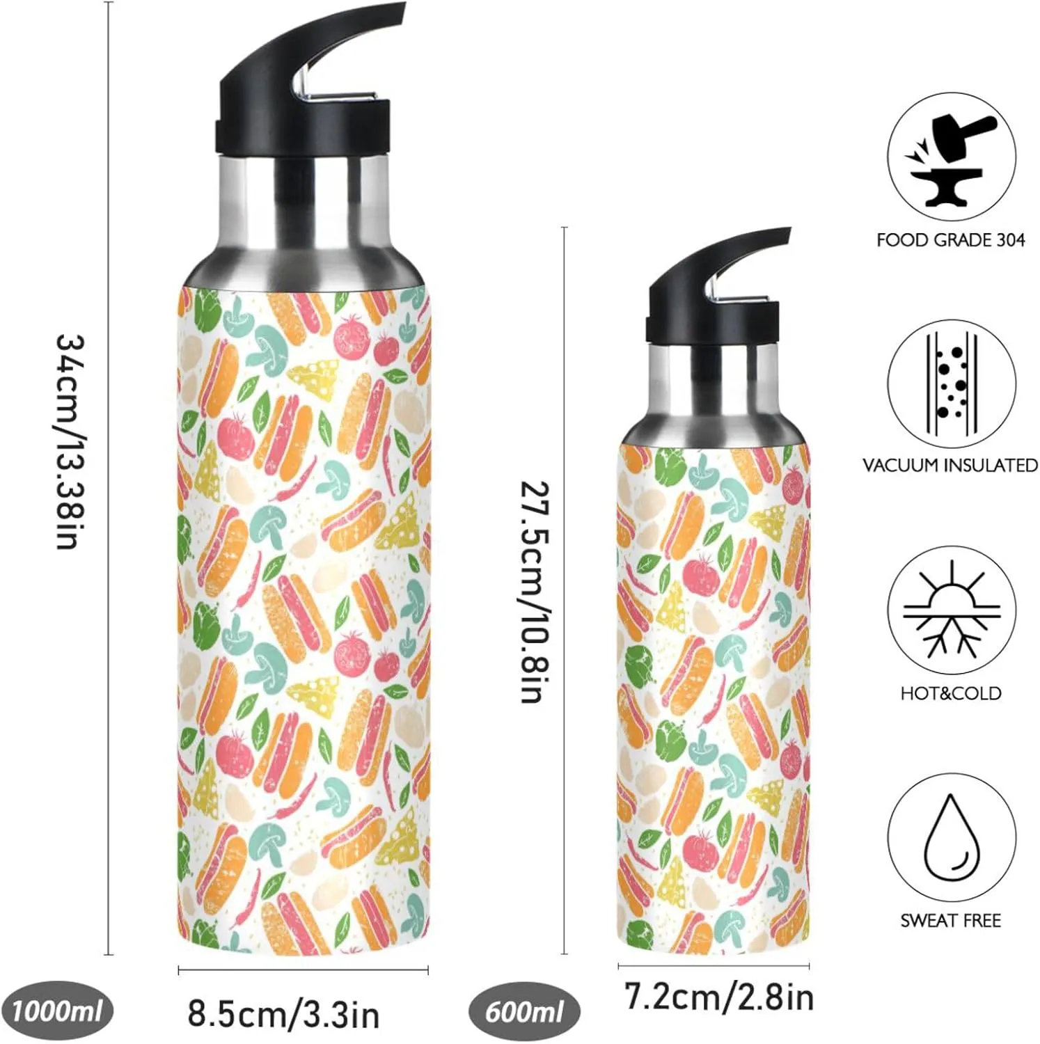 Hot Dogs Water Bottle with Straw Lid Double Wall Vegetables Thermos Bottle Vacuum Insulated Flask Stainless Steel Water Bottle for Gym Outdoor 20 OZ