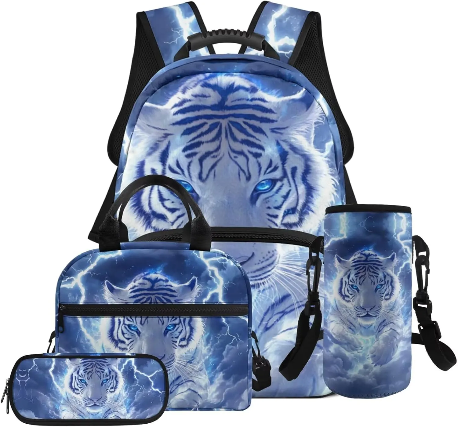 HUGS IDEA Lightning Tiger Pattern Backpack for School Kids Bookbag with Lunchbox for Boys 6-8 Lightweight Elementary School Bags for Boys Large Schoolbag Set for Kids Travel Duffel Bag