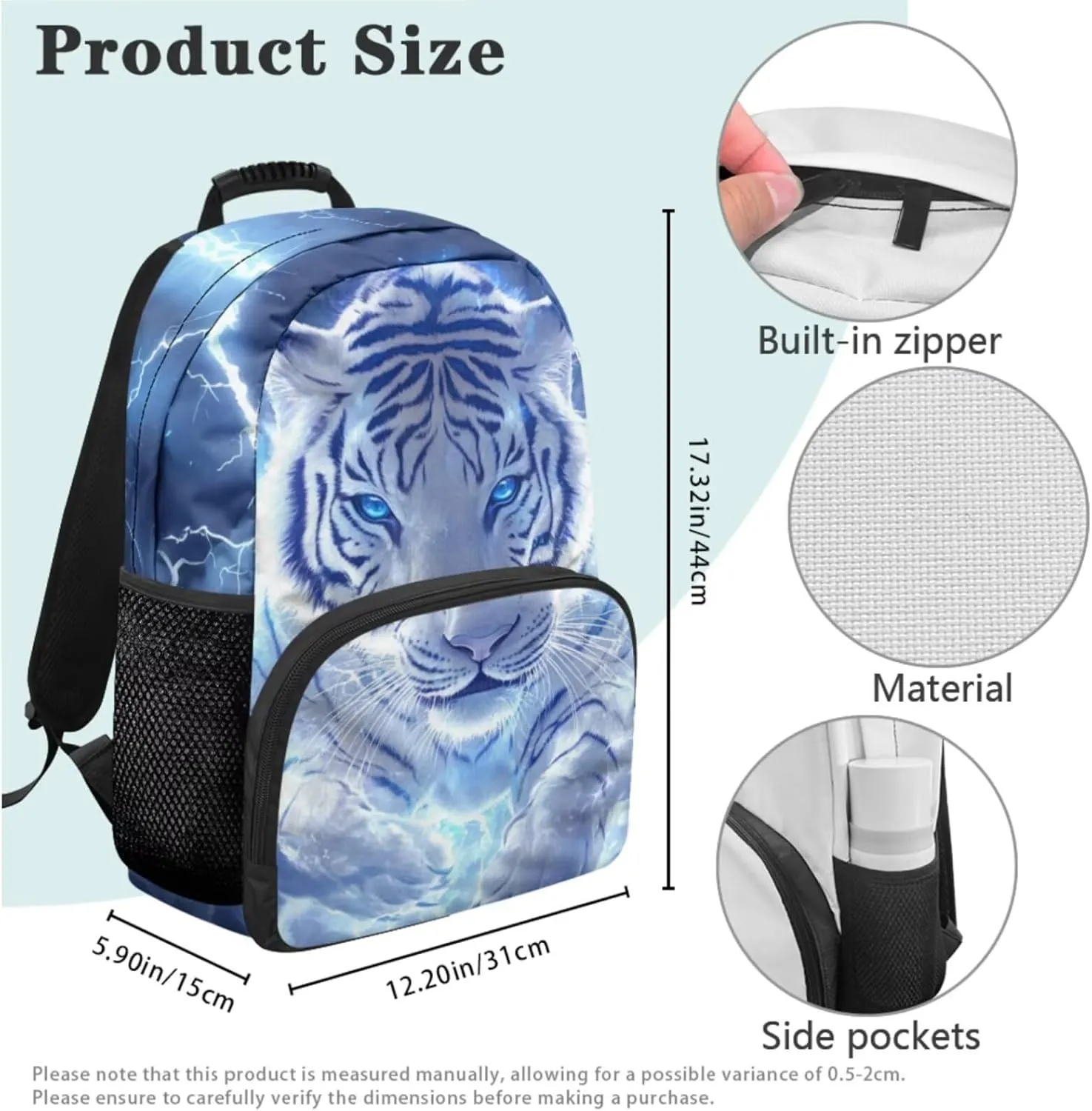 HUGS IDEA Lightning Tiger Pattern Backpack for School Kids Bookbag with Lunchbox for Boys 6-8 Lightweight Elementary School Bags for Boys Large Schoolbag Set for Kids Travel Duffel Bag