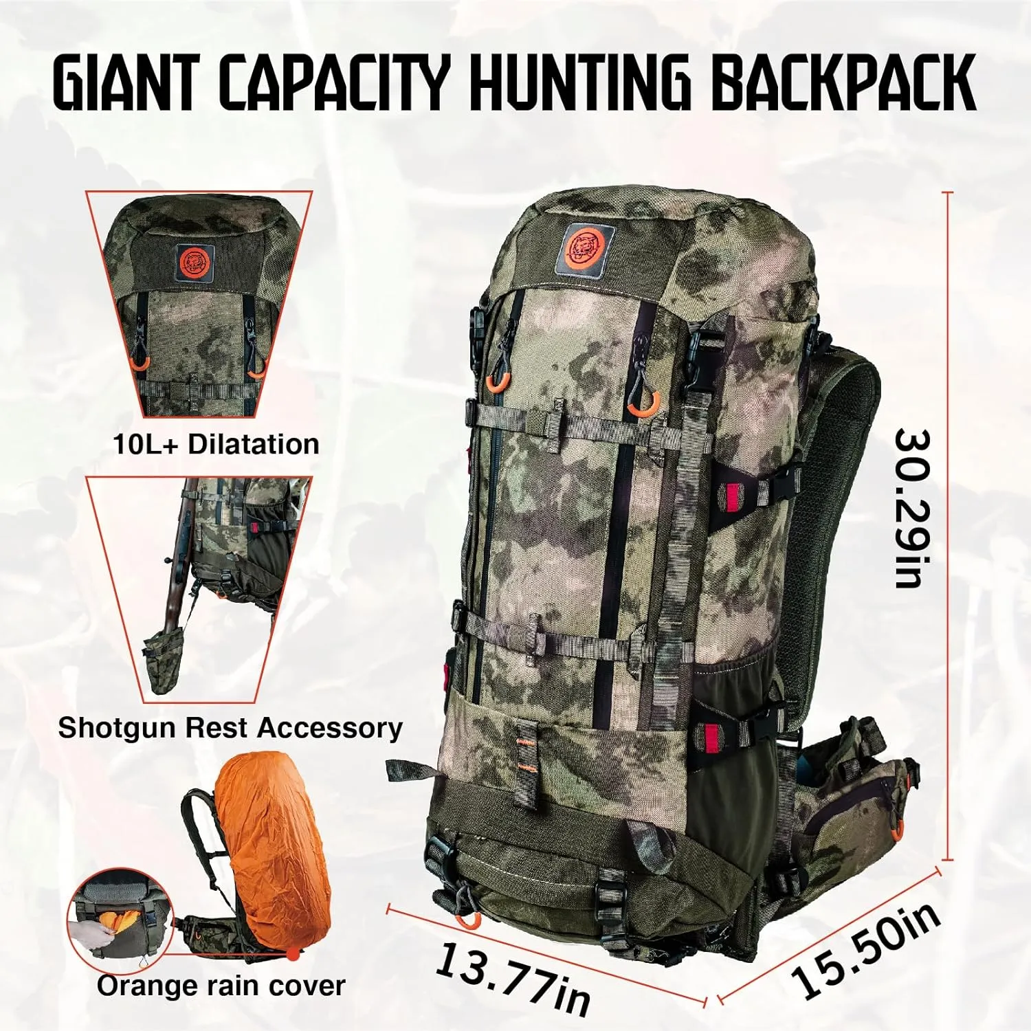 Hunting Backpacks for Men, 40L Expandable Capacity Hunting Backpack with Frame, Rifle Holder, Shotgun Rest Accessory