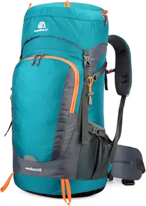 HXBER 65L Water-Resistant Hiking Backpack with Rain Cover Outdoor Sport Travel Daypack for Camping Climbing Mountaineering, Lake Blue