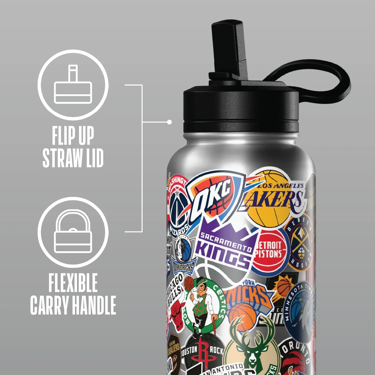 Hydrapeak x NBA Officially Licensed All Team Sticker Print 32 oz Insulated Water Bottle with Straw Lid and Handle (Current)