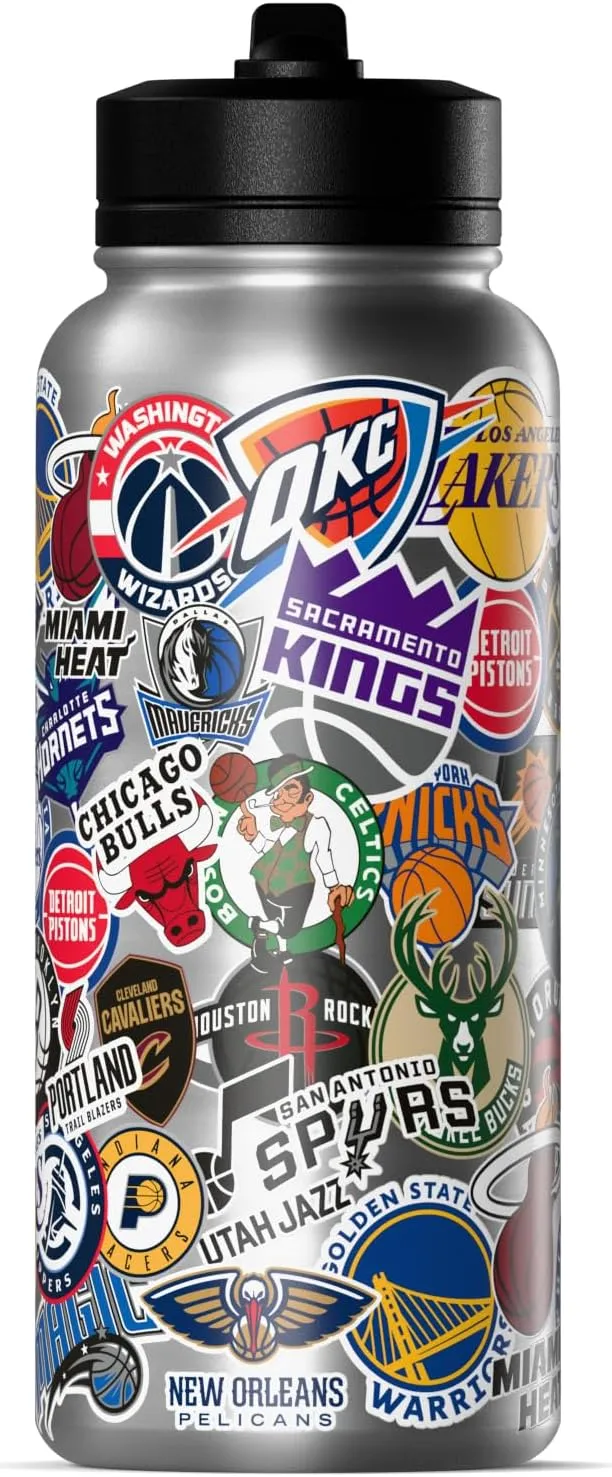 Hydrapeak x NBA Officially Licensed All Team Sticker Print 32 oz Insulated Water Bottle with Straw Lid and Handle (Current)