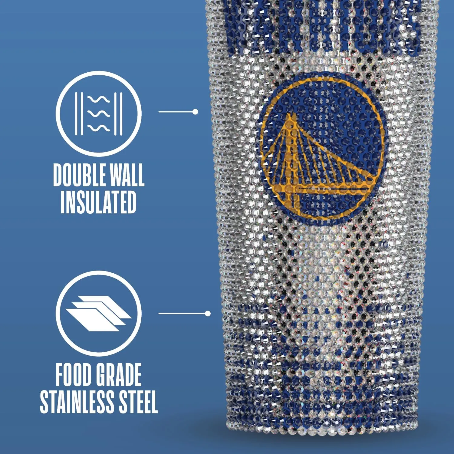 Hydrapeak x NBA Officially Licensed Golden State Warriors 25 oz Rhinestone Bling Tumbler with Straw Lid, Glitter Leakproof Stainless Steel Water Bottle