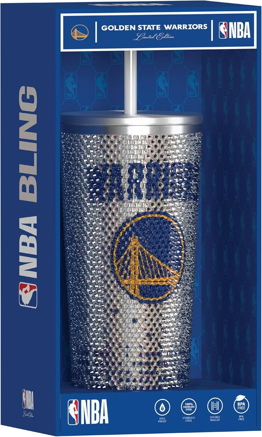 Hydrapeak x NBA Officially Licensed Golden State Warriors 25 oz Rhinestone Bling Tumbler with Straw Lid, Glitter Leakproof Stainless Steel Water Bottle